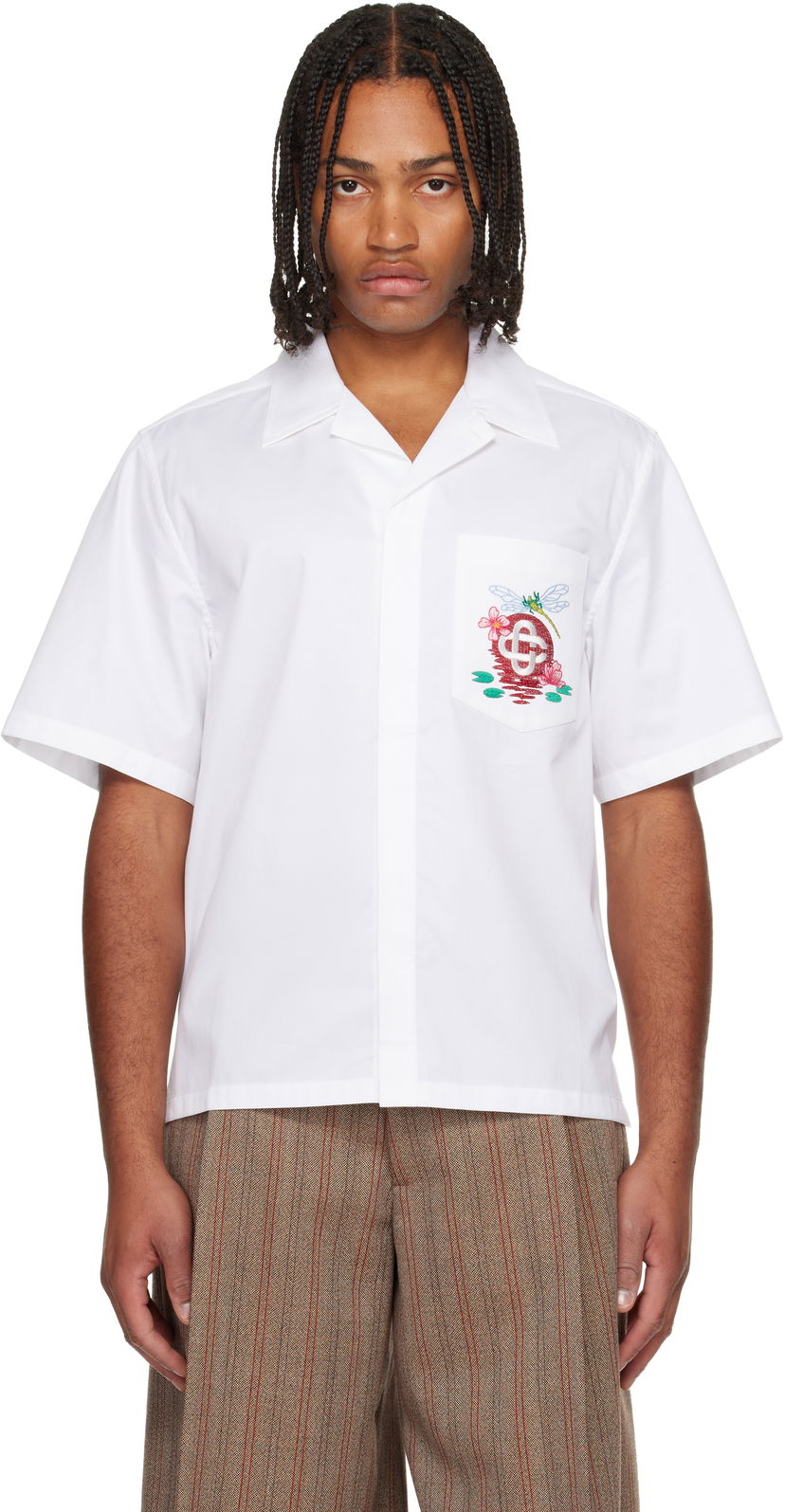 Skjorta Casablanca Cotton Poplin Dragonfly and Floral Embroidered Short Sleeve Cuban Collar Shirt Vit | M-AW25-SH-209-01