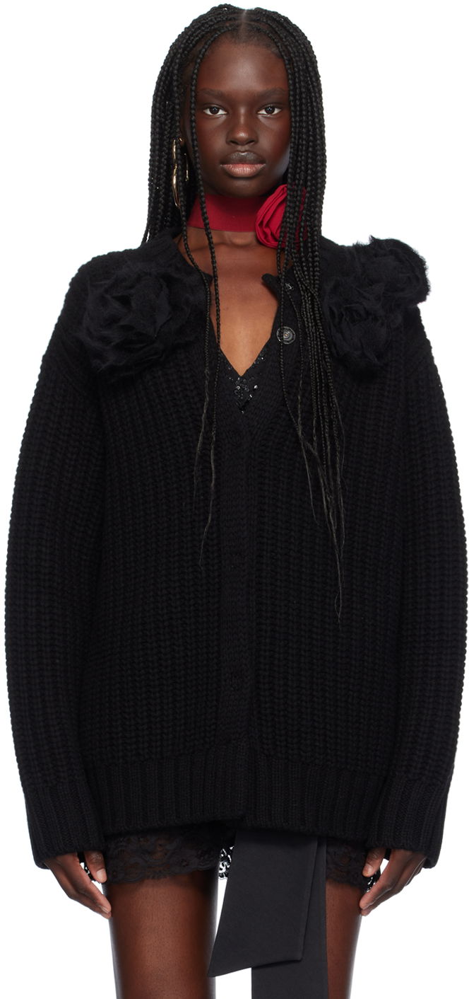 Sweater Blumarine Floral Appliqué Knit Cardigan Svart | A422B084A