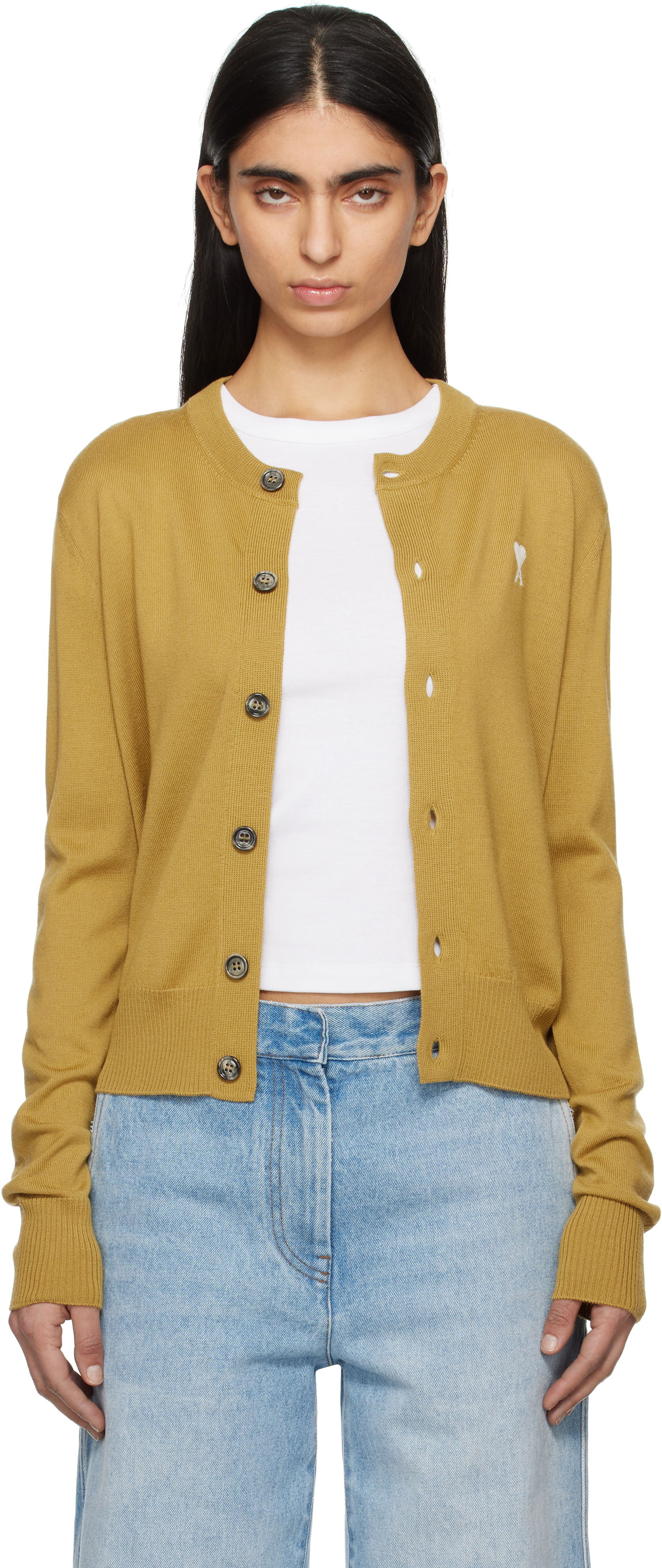 Sweater AMI AMI Paris Ami de Coeur Wool Cardigan Gul | FKC221.KN0025, 0