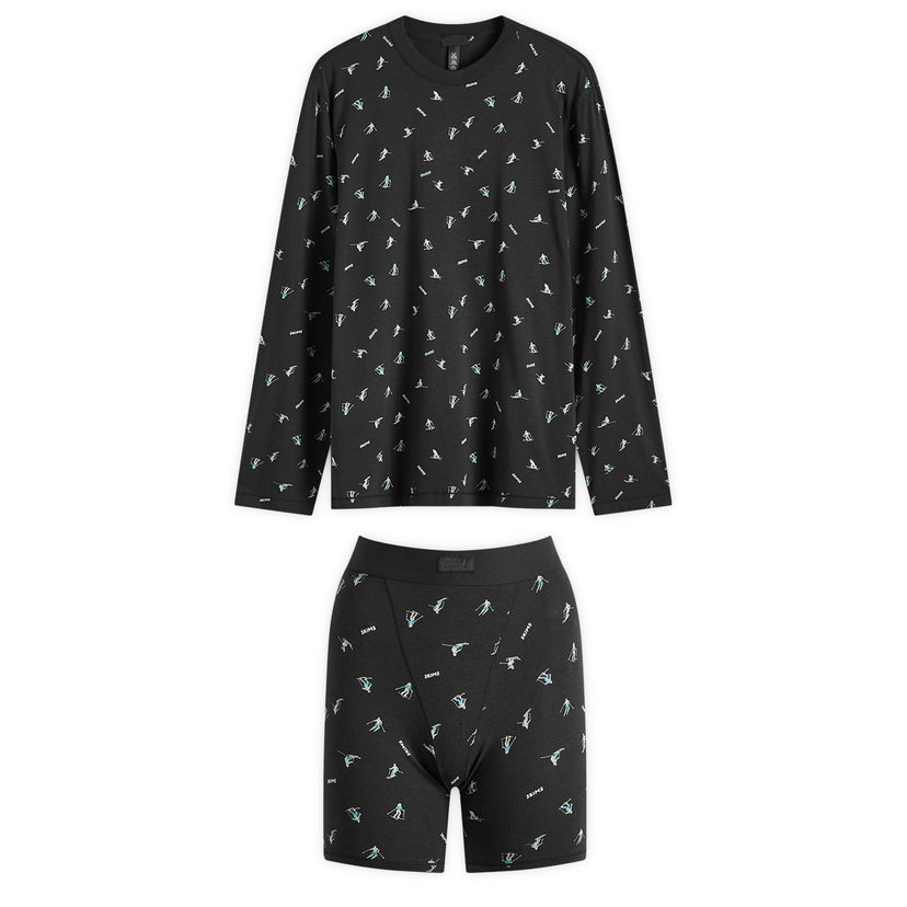 Pyjamas SKIMS Boyfriend Long Sleeve T-Shirt and Shorts Sleep Set, Ski Print Svart | ST-SST-4526-ONYXSKIPRINT