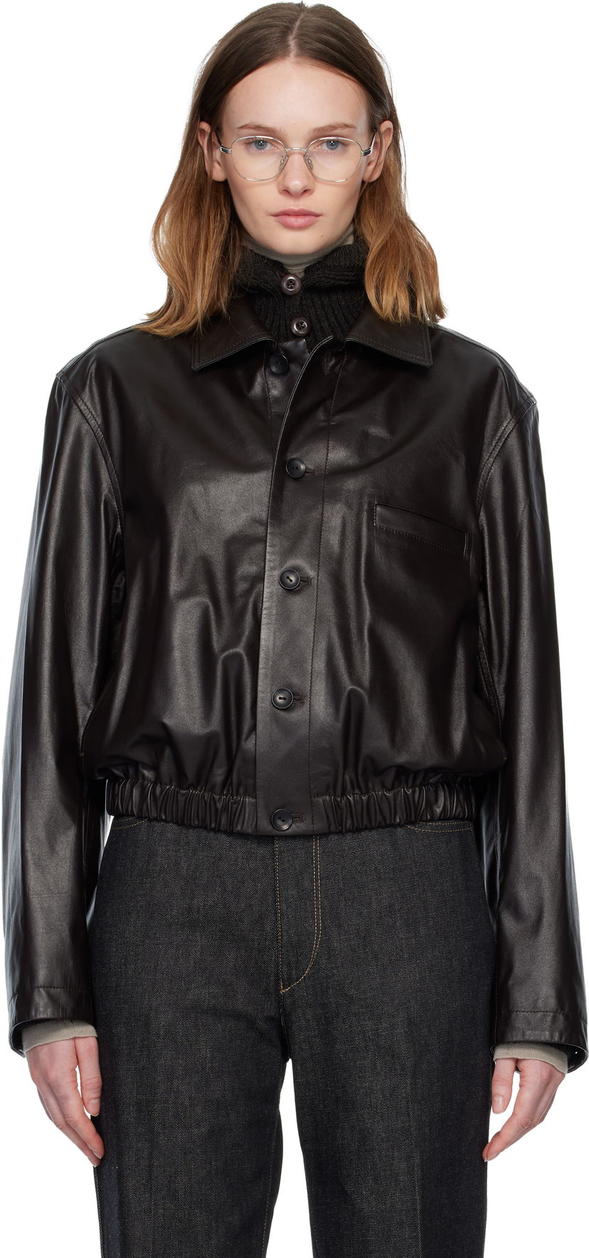 Jacka LEMAIRE Soft Leather Collared Blouson Jacket Brun | OW1158 LL0146