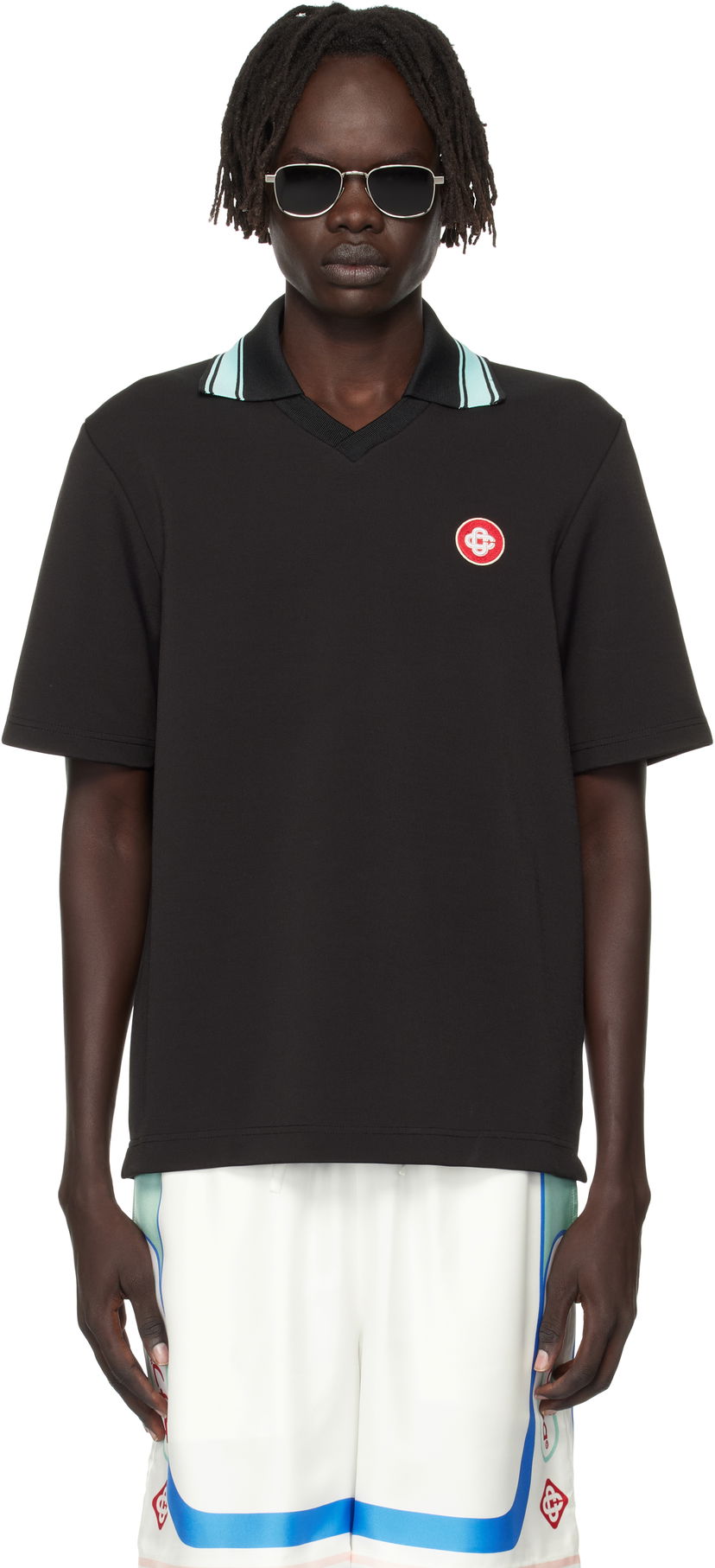 Polotröja Casablanca Casablanca Double V-Neck Short Sleeve Polo Svart | MPF25-JTP-381-01