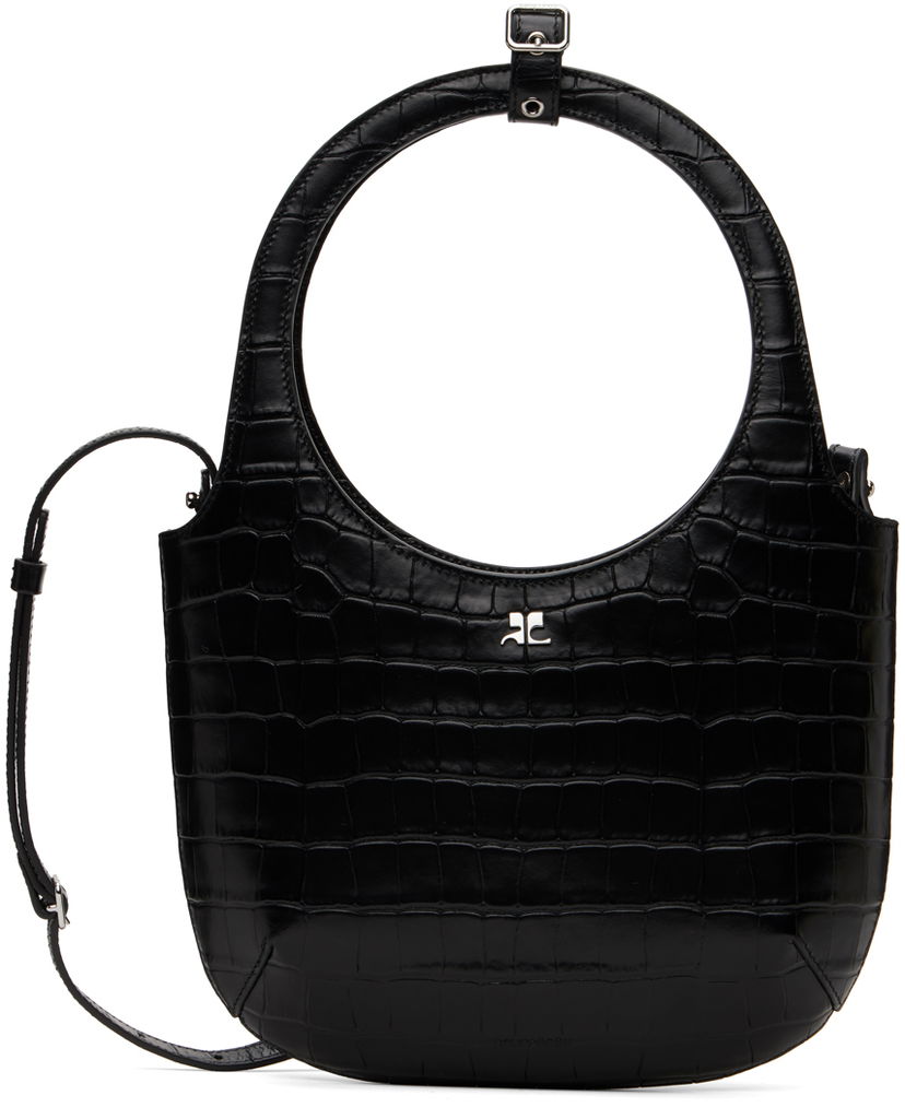 Axelväska Courrèges Croc-Stamped Leather Shoulder Bag Svart | 224GSA102CR0060