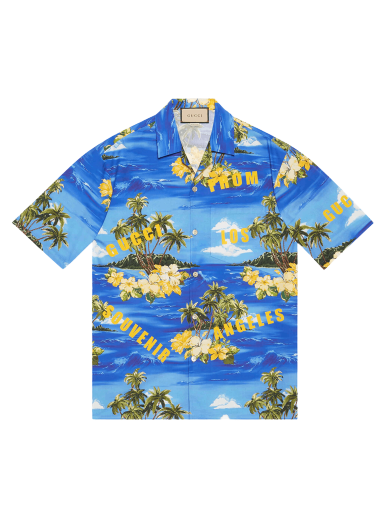 Skjorta Gucci Printed Cotton Poplin Bowling Shirt Blå | 694124 ZAJSR 4464