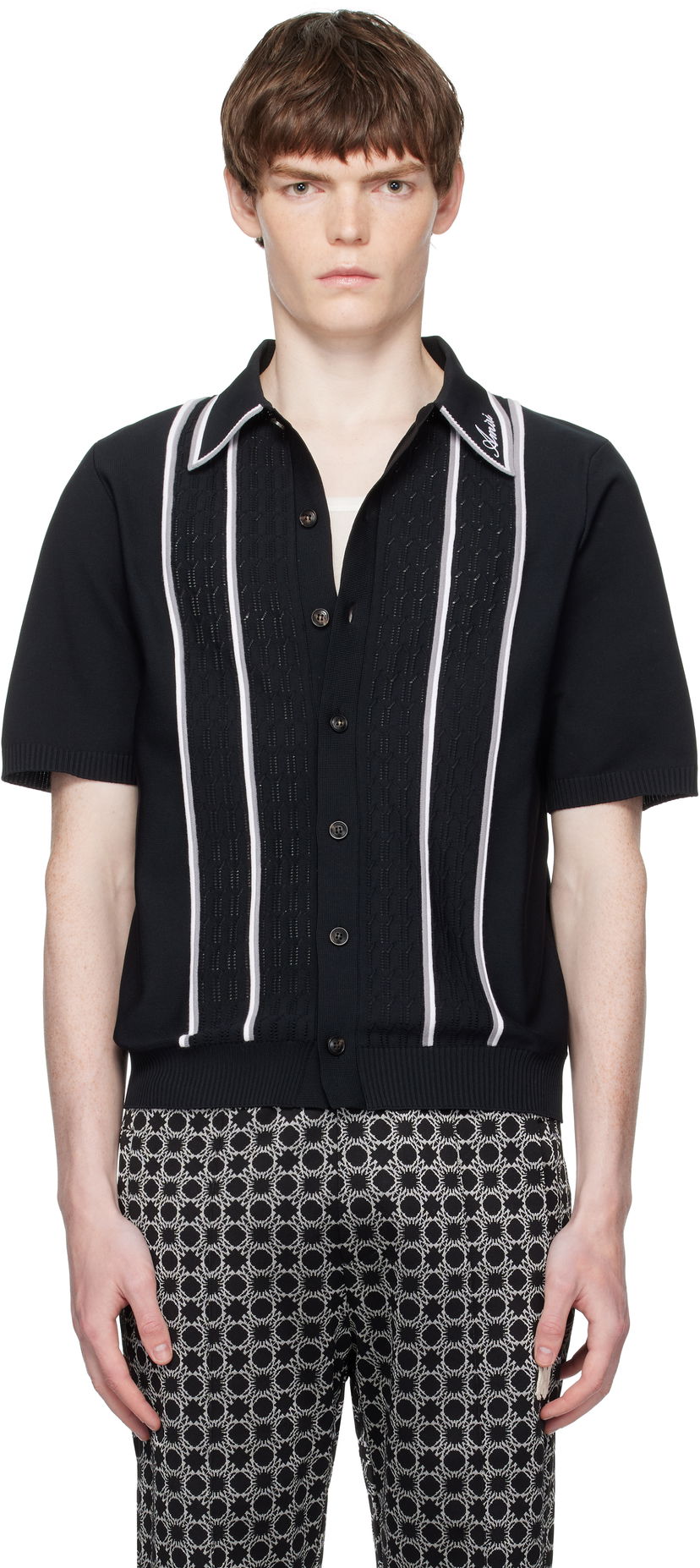 Polotröja AMIRI AMIRI Script Stripe Knit Polo Svart | AMKNIR1025