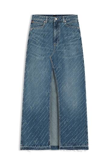 Kjol BOSS Long Denim Skirt with Logo Pinstripe and Front Slit Blå | 50542445