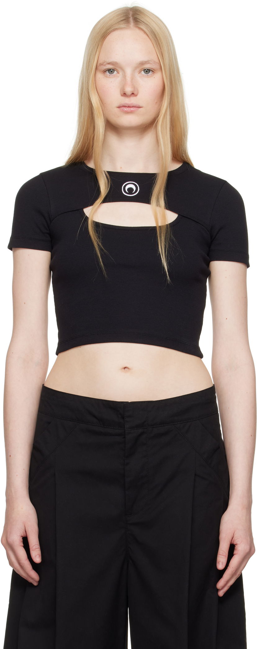 Crop top Marine Serre Marine Serre Moon Logo Cut-Out Ribbed T-Shirt Svart | WTT023A CJER0011