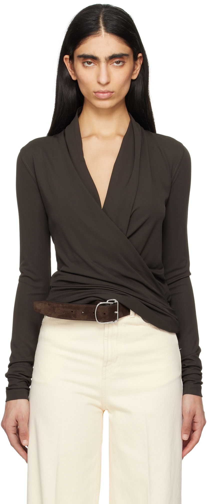 Sweater TOTEME TOTEME Overlapped Jersey Wrap Top Brun | 252-WRT0443-FB0162