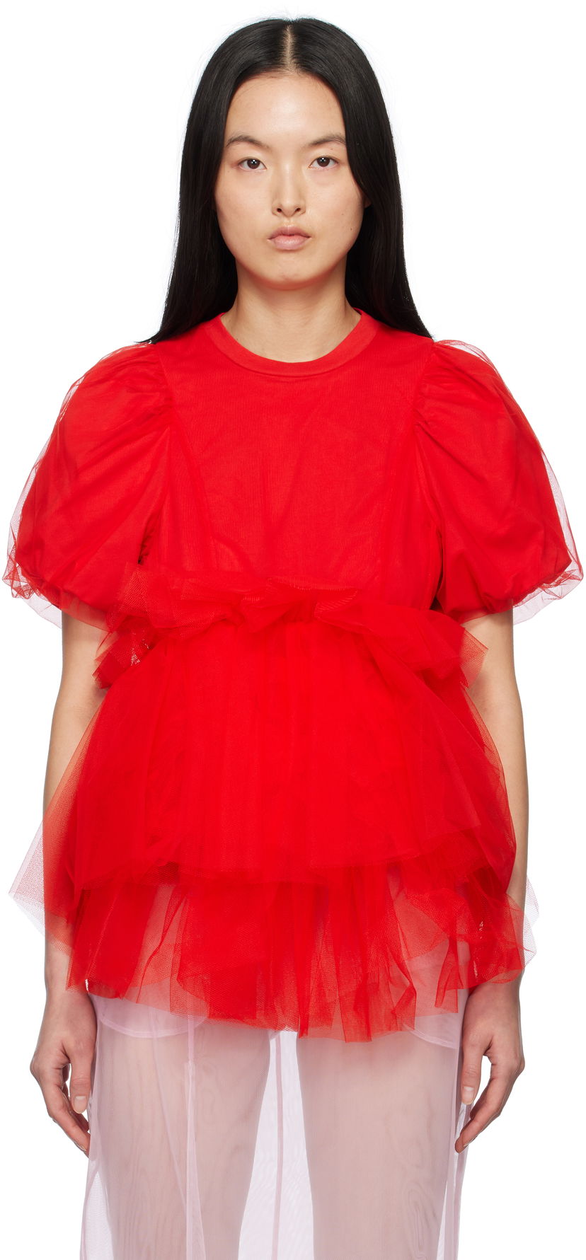 T-shirt Simone Rocha Simone Rocha Tulle Overlay Puff Sleeve Tutu Hem T-Shirt Röd | 5310 0553