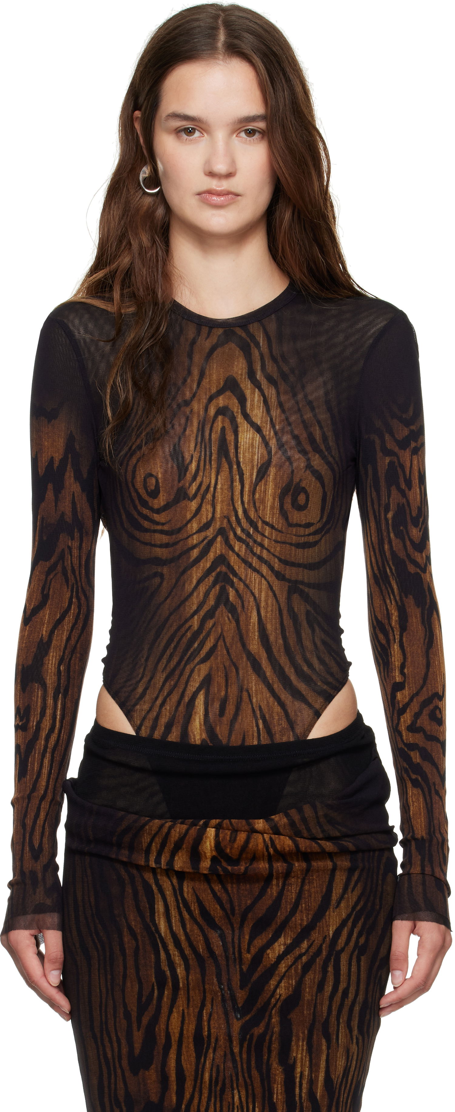 Kropp Jean Paul Gaultier Jean Paul Gaultier Mesh Double Layer Wood Print Bodysuit Brun | 25/03-W-TO314-M002P-0060, 0