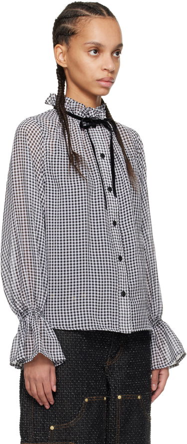 Skjorta GANNI Ganni Sheer Check Tie-Neck Blouse Vit | W0155, 1