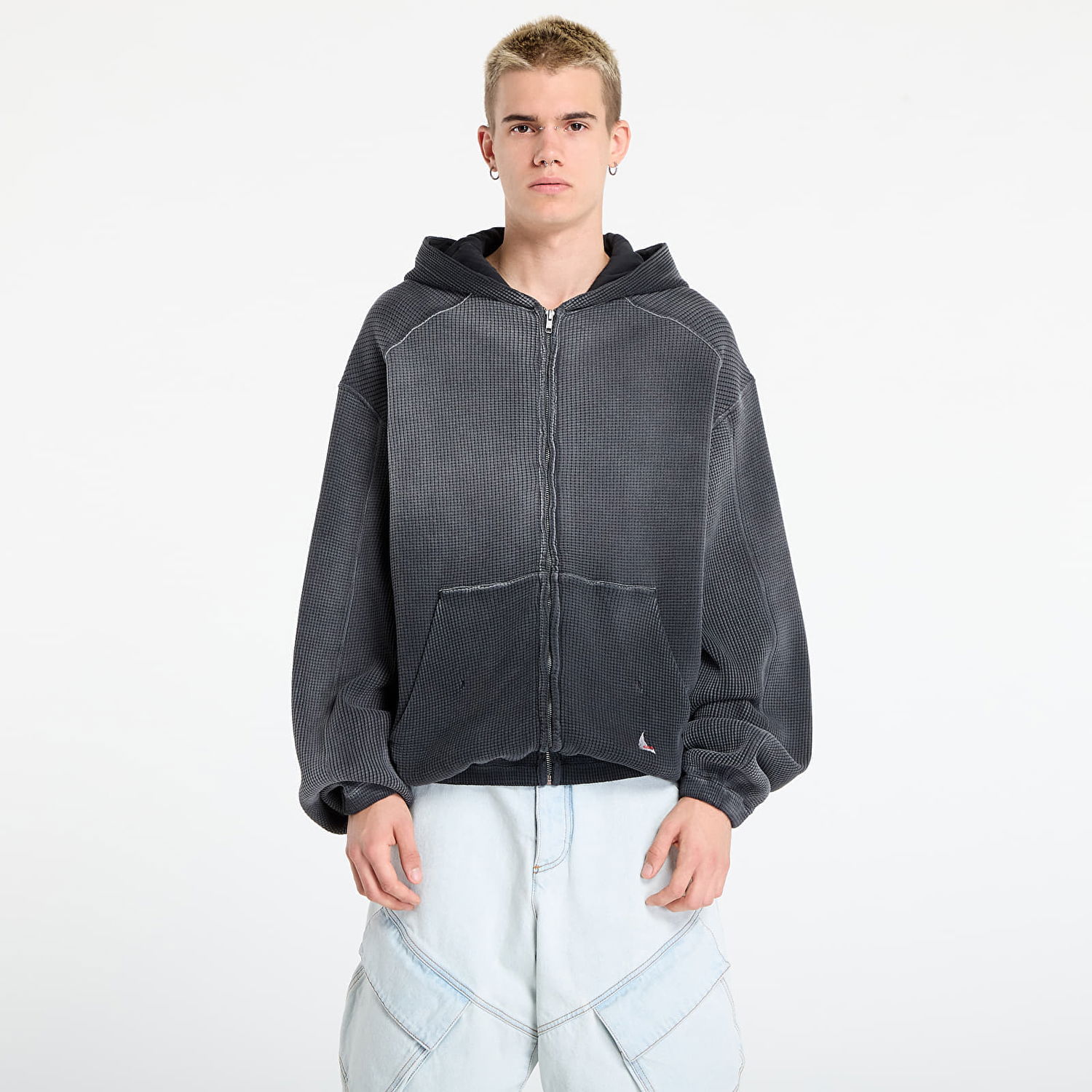 Sweatshirt ROA ROA Bee Sun Faded Waffle Zip Up Hoodie Svart | RBMW0513FA340 BLK0001, 0