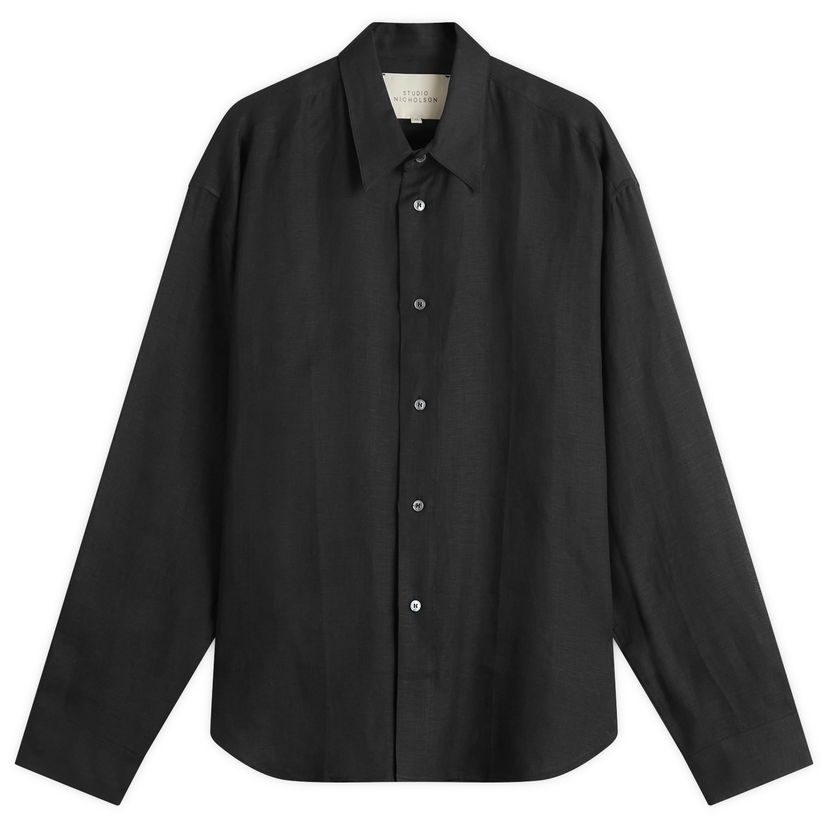 Skjorta Studio Nicholson Studio Nicholson Linen Shirt, Size Large Svart | RAFESNM-1402-DKN
