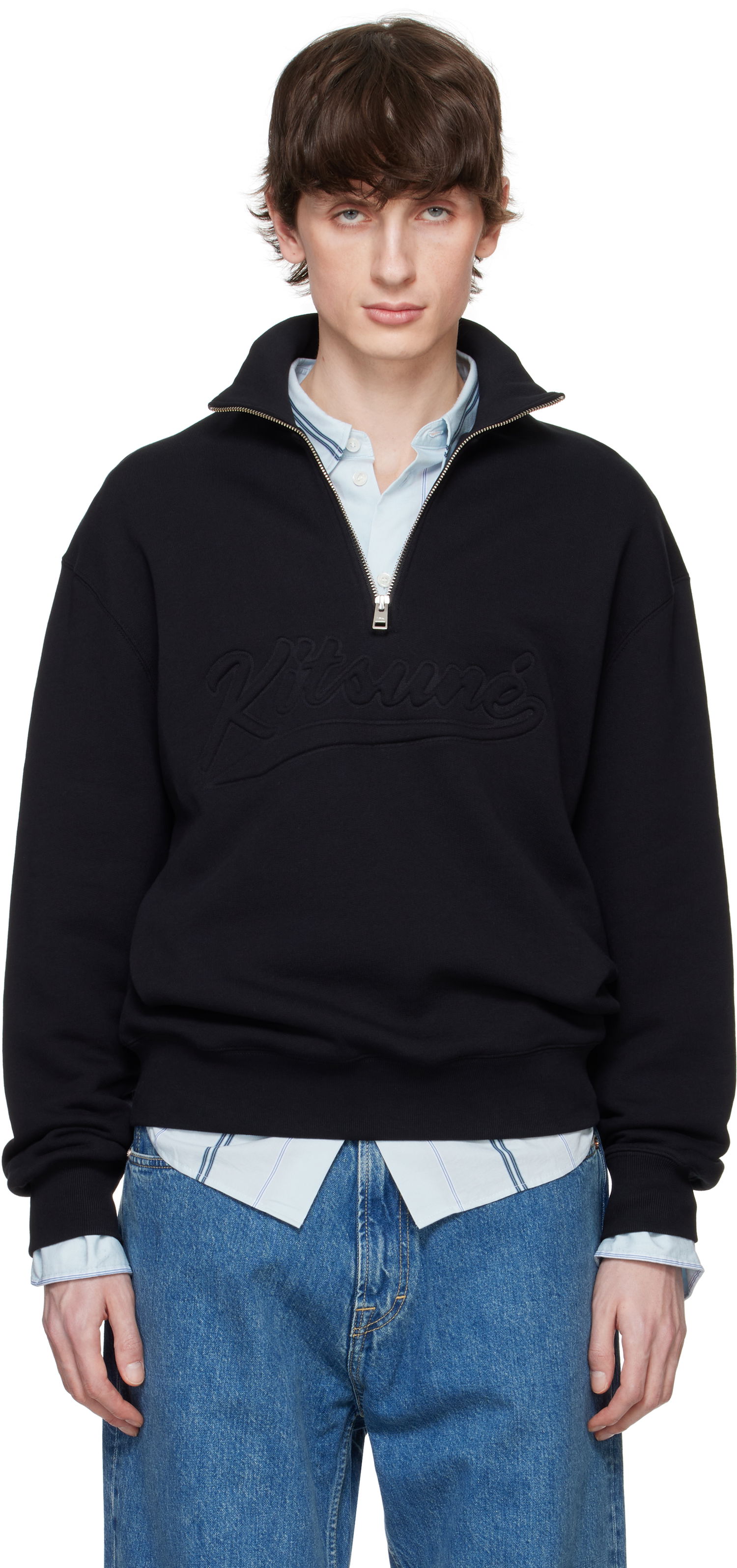 Sweatshirt MAISON KITSUNÉ Maison Kitsuné Varsity Half Zip Sweater Svart | OM00302KM0321, 0