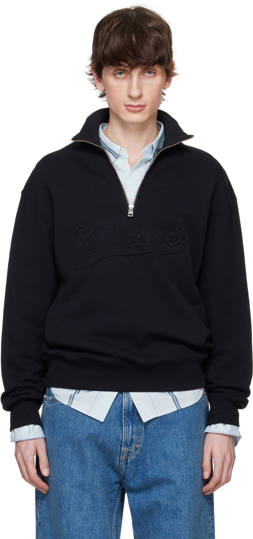 Sweatshirt MAISON KITSUNÉ Maison Kitsuné Varsity Half Zip Sweater Svart | OM00302KM0321