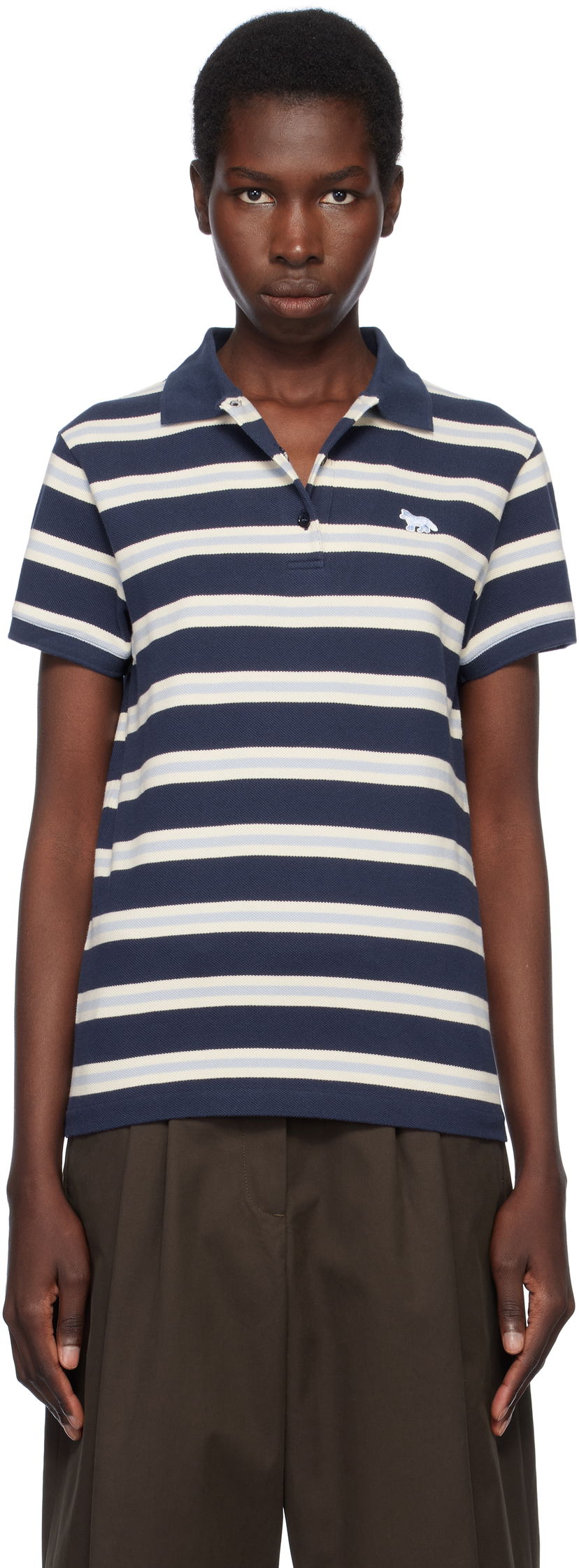 Polotröja MAISON KITSUNÉ Kitsuné Baby Fox Patch Stripe Polo Mörkblå | OW00205KJ7010
