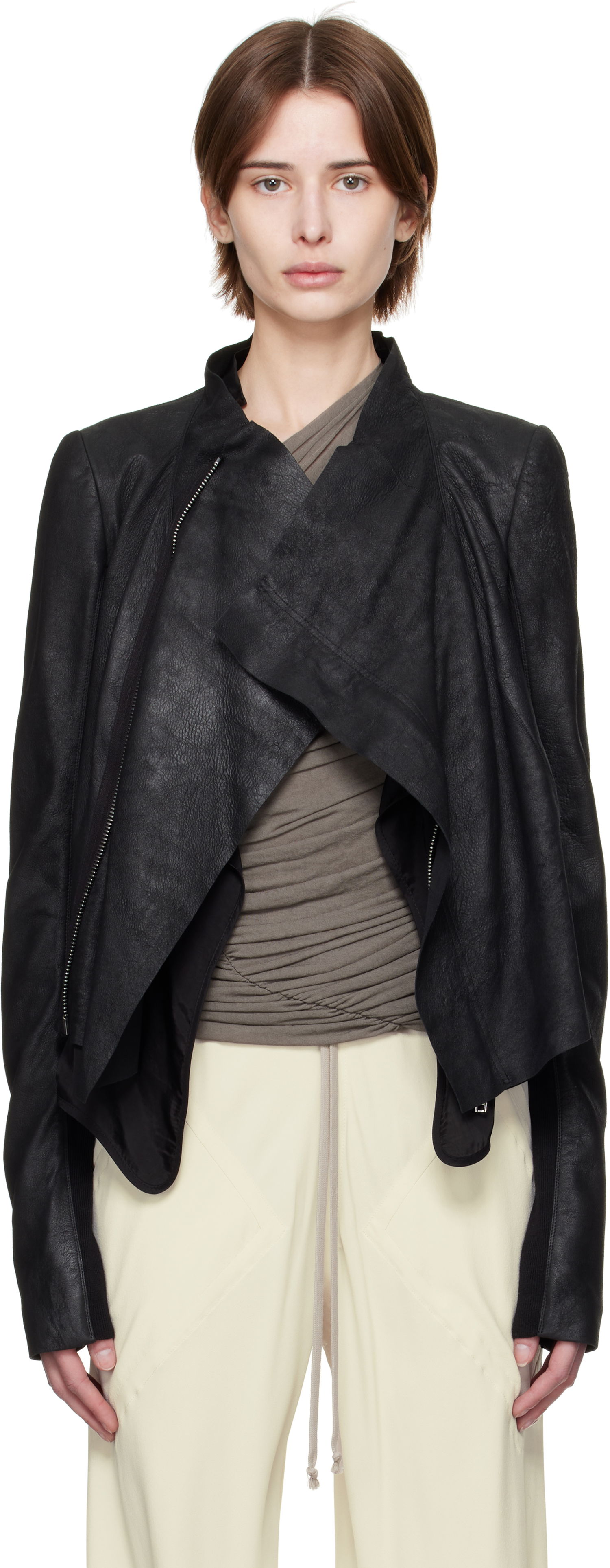 Jacka Rick Owens Rick Owens Hollywood Low Neck Biker Leather Jacket Svart | RP01E7702 LBA, 0