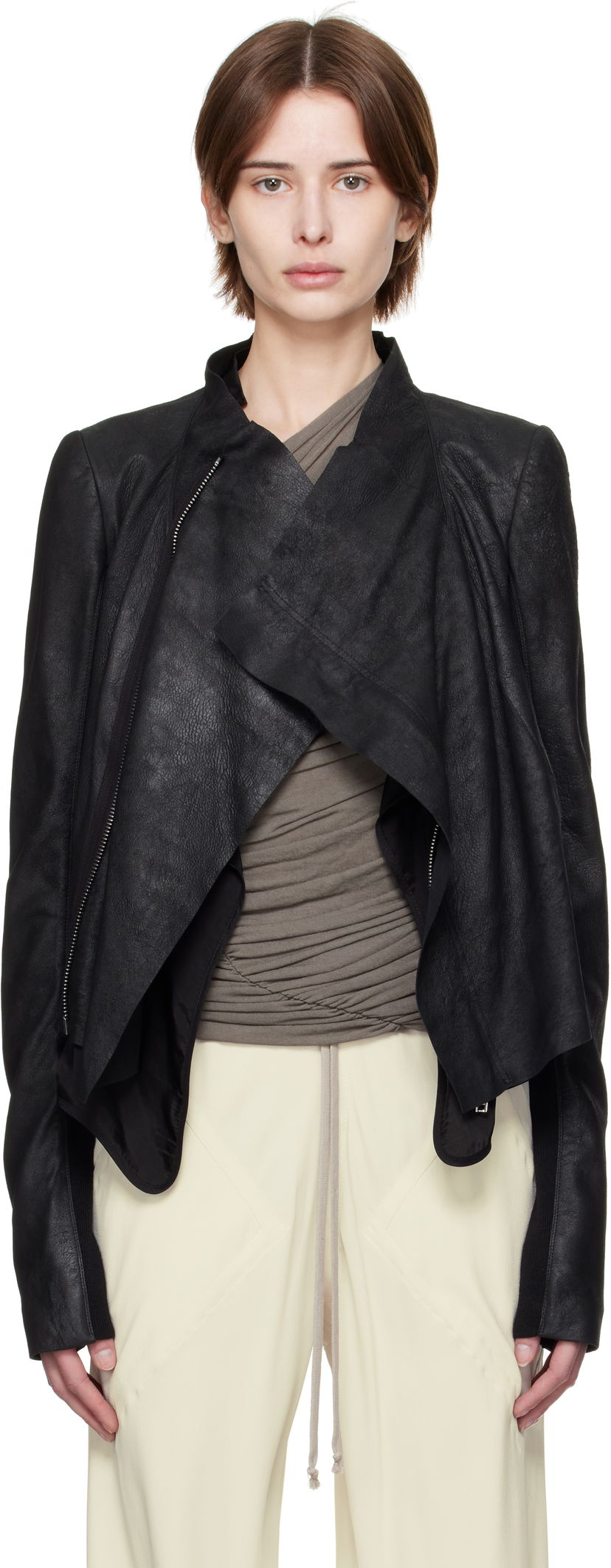 Jacka Rick Owens Rick Owens Hollywood Low Neck Biker Leather Jacket Svart | RP01E7702 LBA