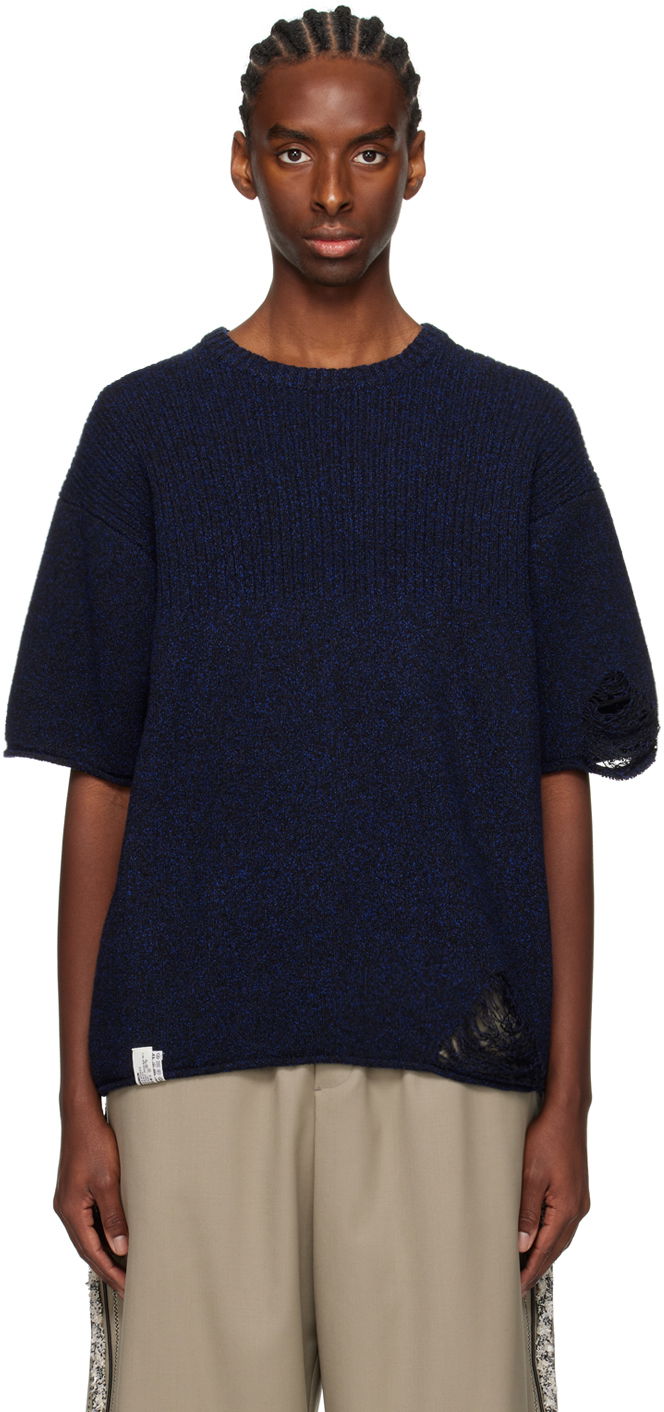 Jersey ADER ERROR Distressed Knit T-Shirt Mörkblå | BN01SSKT0501BK