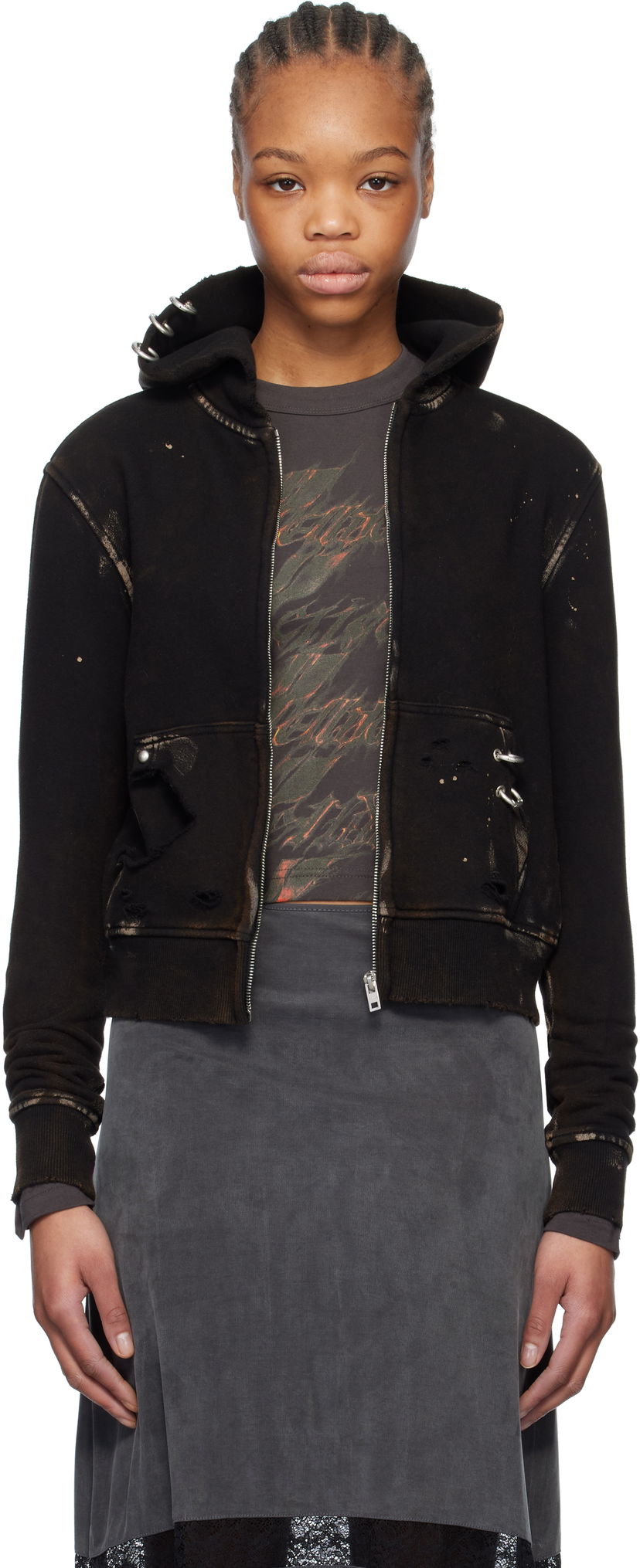 Sweatshirt We11done We11done Pierced Zip-Up Hoodie Svart | WD-TJ0-25-821-U-BK