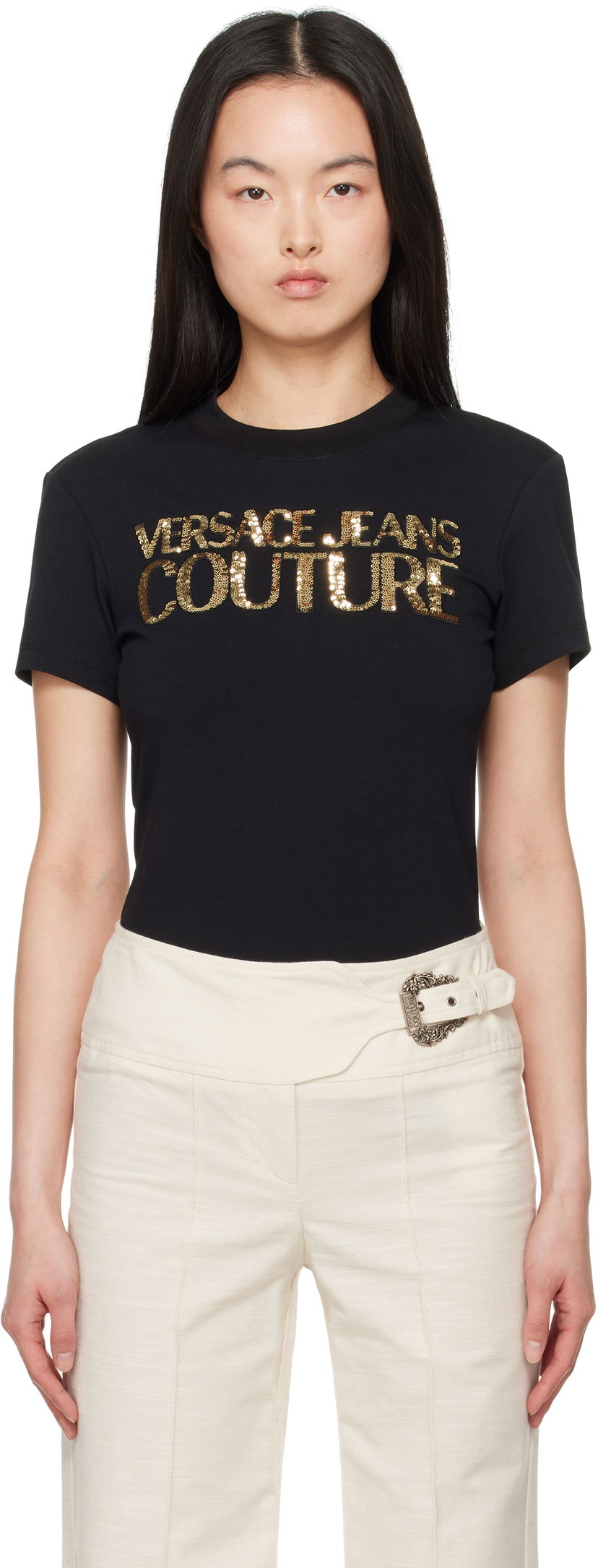 T-shirt Versace Versace Jeans Couture Sequin Logo T-Shirt Svart | E78HAHE00_ECJ02E