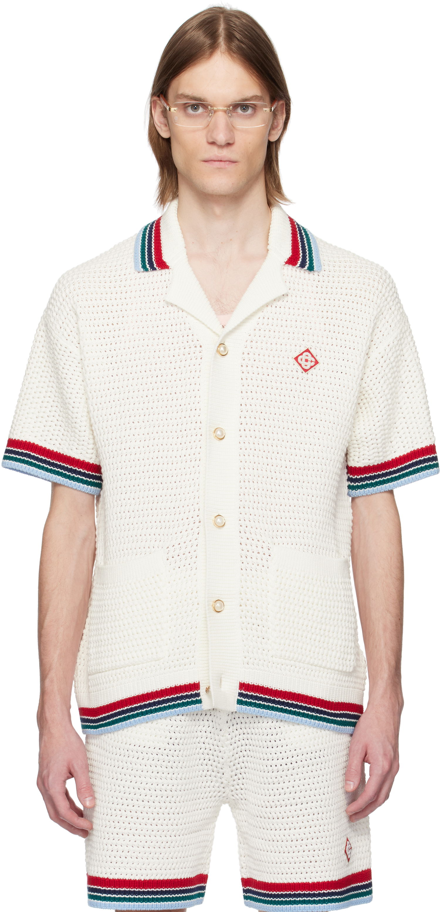 Sweater Casablanca Casablanca Gothic Crochet Knit Polo Shirt Vit | MS25-KW-920-01, 0