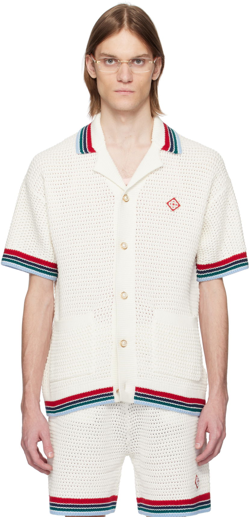 Sweater Casablanca Casablanca Gothic Crochet Knit Polo Shirt Vit | MS25-KW-920-01