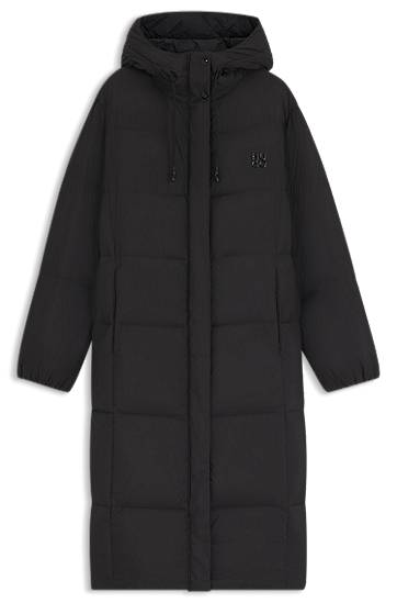 Pufferjacka BOSS Long-length hooded down jacket with stacked-logo print Svart | 50546355