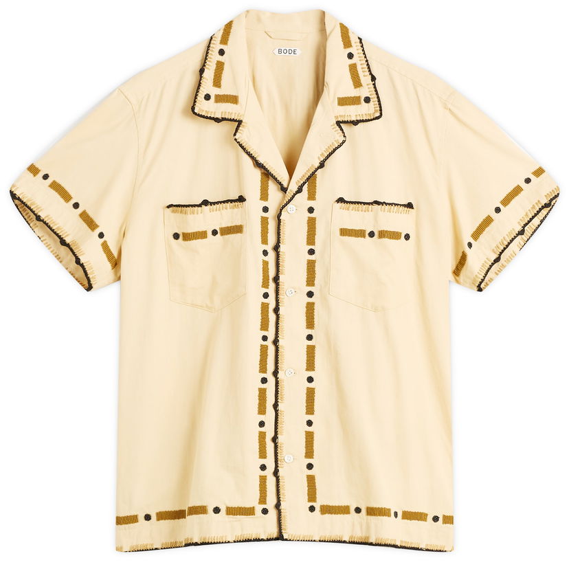 Skjorta Bode Beaded Ryegrass Short Sleeve Shirt, Size Large Beige | MRF25SH018