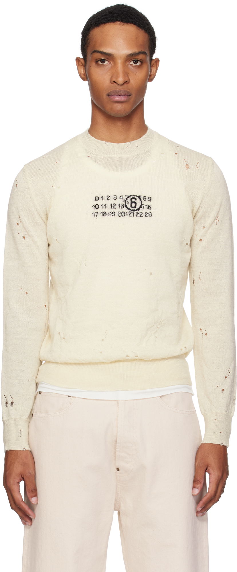 Sweater Maison Margiela MM6 Maison Margiela Distressed Wool Sweater Vit | SH0HL0033 M13134