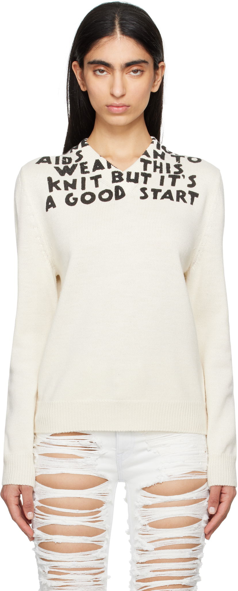 Sweater Maison Margiela MM6 Maison Margiela SIDA Print V-Neck Sweater Vit | S62HN0005 M13122
