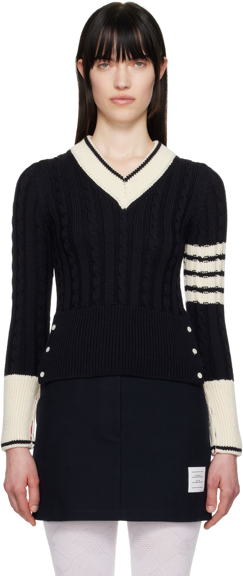 Sweater Thom Browne Thom Browne Classic Merino Wool V-Neck Sweater Mörkblå | FKA484A-Y1024