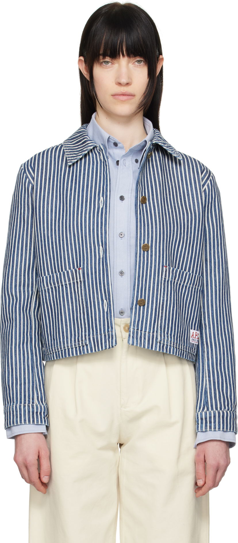Jacka A.P.C. A.P.C. Frida Striped Cropped Denim Jacket Blå | COHHG-F32006