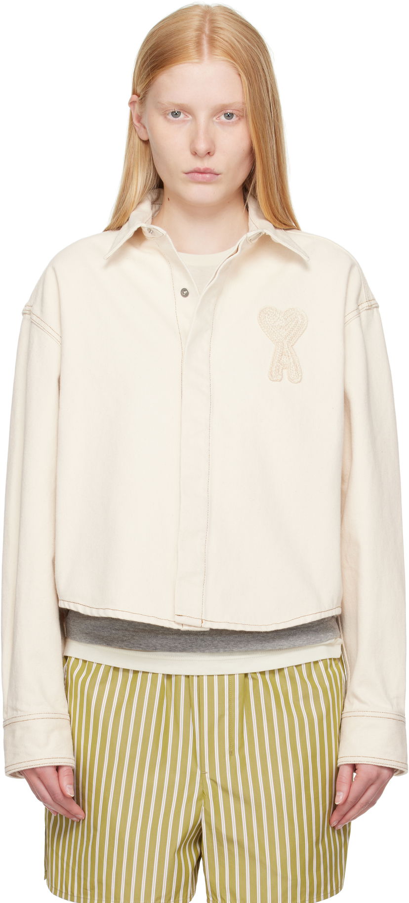 Skjorta AMI AMI Paris Ami de Coeur Cropped Denim Shirt Vit | FSH168.DE0039