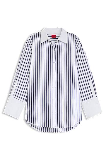 Skjorta BOSS Cotton Poplin Blouse with Contrast Trims and Stripes Blå | 50543521