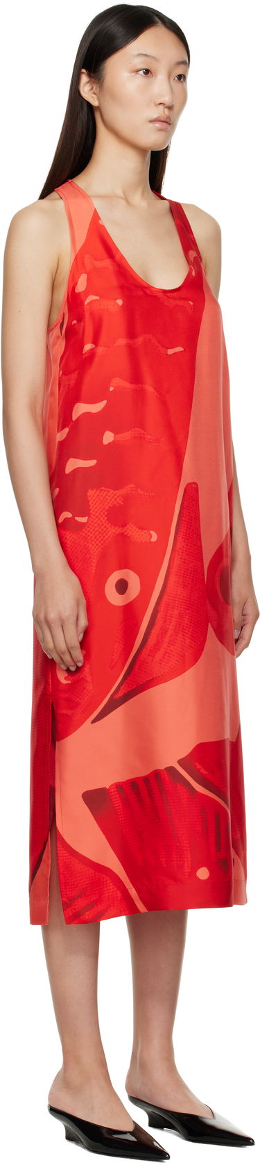 Klä FERRAGAMO Ferragamo Fish Print Silk Maxi Dress Röd | 783737, 1