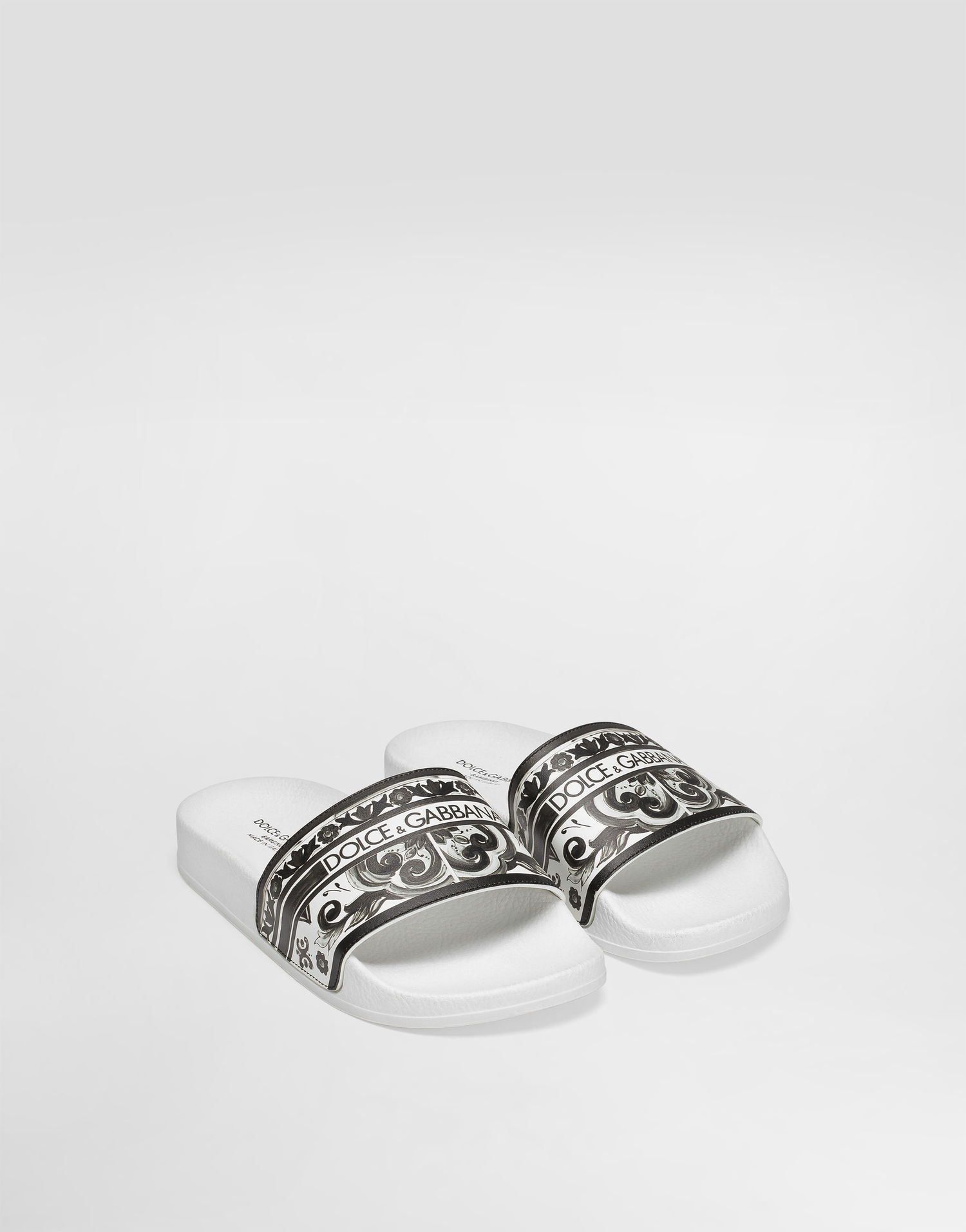 Tillbehör Dolce & Gabbana Dolce & Gabbana Majolica-Print Calfskin Slides Vit | DD0318A1838IU3TN, 1