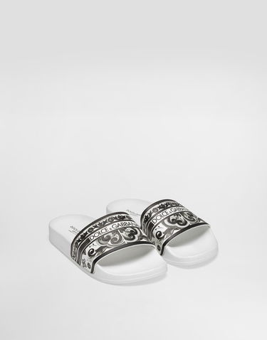 Tillbehör Dolce & Gabbana Dolce & Gabbana Majolica-Print Calfskin Slides Vit | DD0318A1838IU3TN, 1