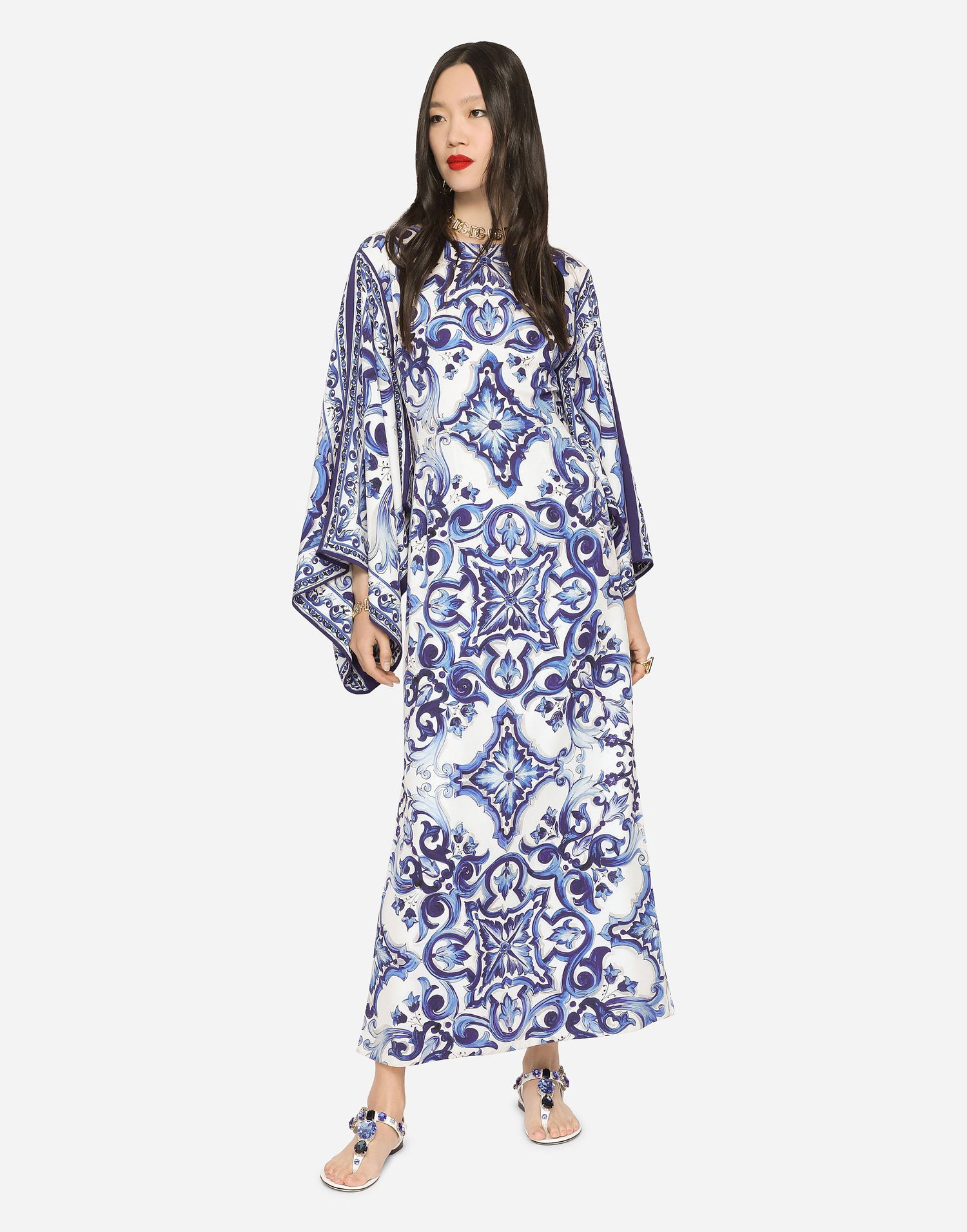 Klä Dolce & Gabbana Dolce & Gabbana Majolica-Print Charmeuse Dress Blå | F69D5THPABOHA3TN, 1