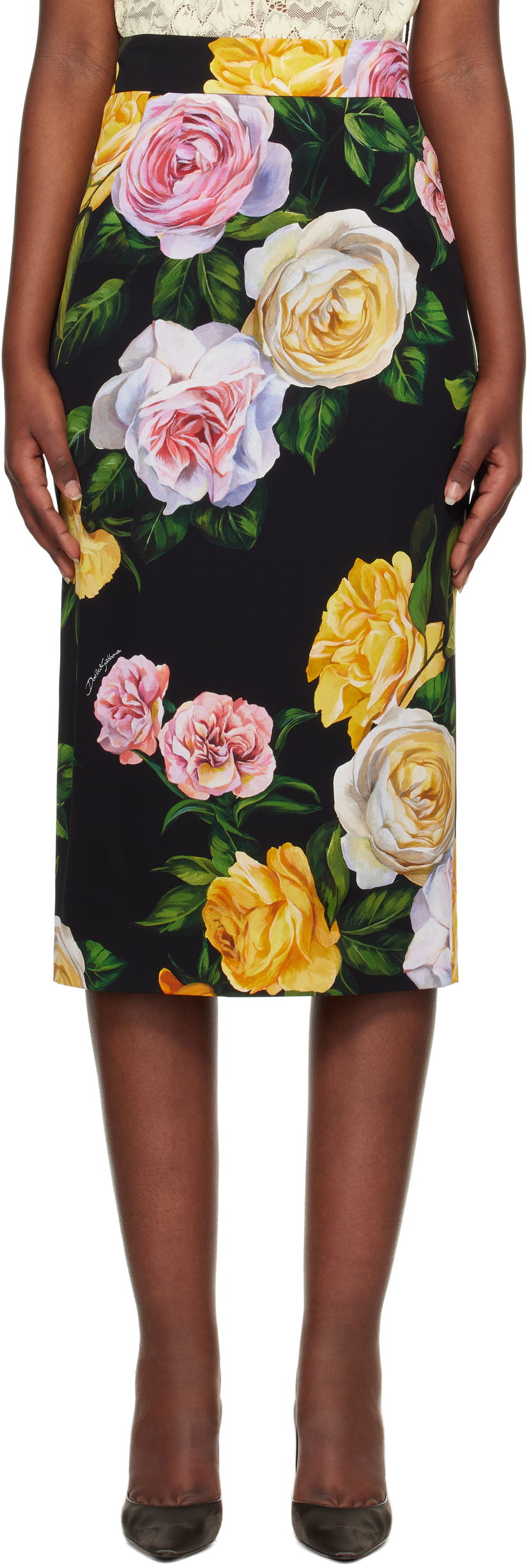 Kjol Dolce & Gabbana Dolce&Gabbana Peony & Rose-Print Midi Skirt Svart | F4B6UT FSA7B