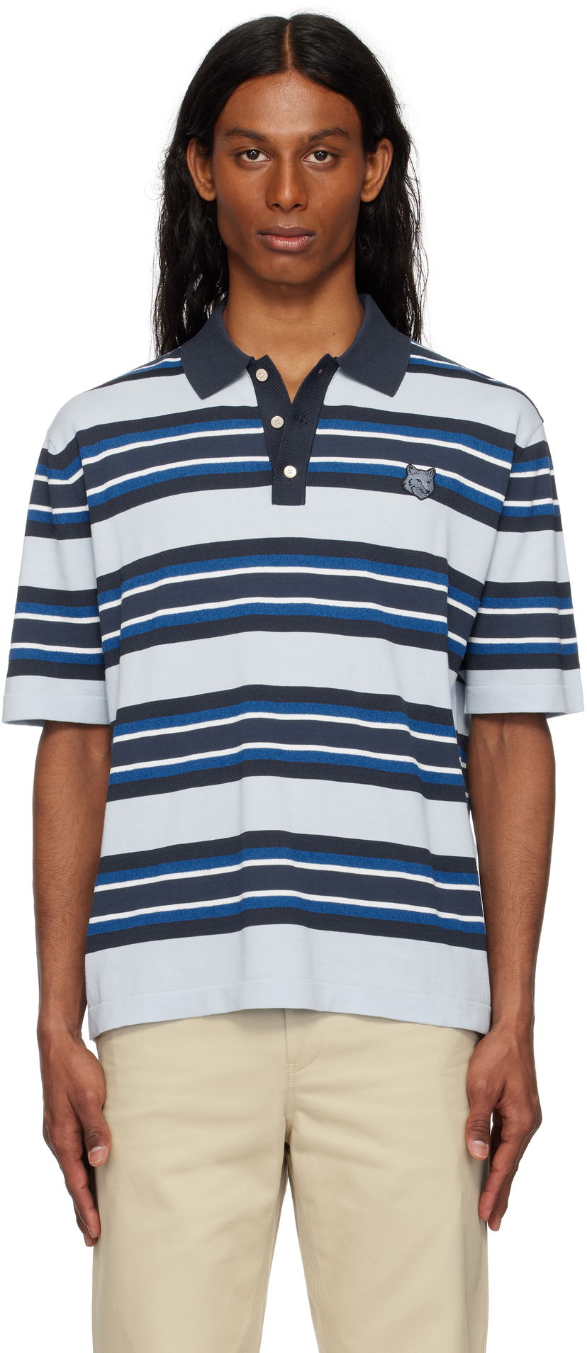 Polotröja MAISON KITSUNÉ Maison Kitsuné Fine Gauge Striped Polo with Fox Head Patch Blå | OM00201KT1119