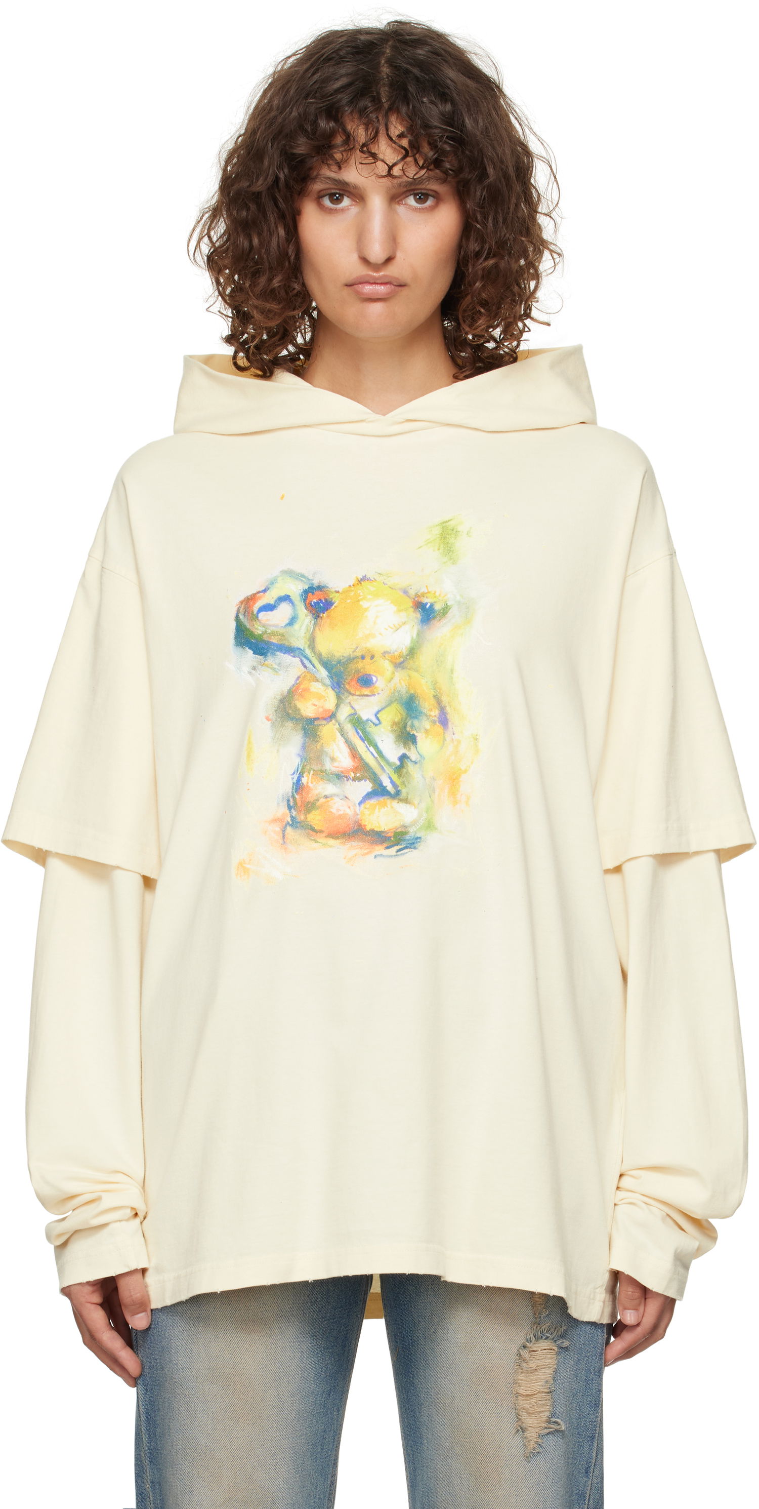 Sweatshirt We11done We11done Layered Teddy Bear Hoodie Beige | WD-TH3-24-844-U-BG, 0