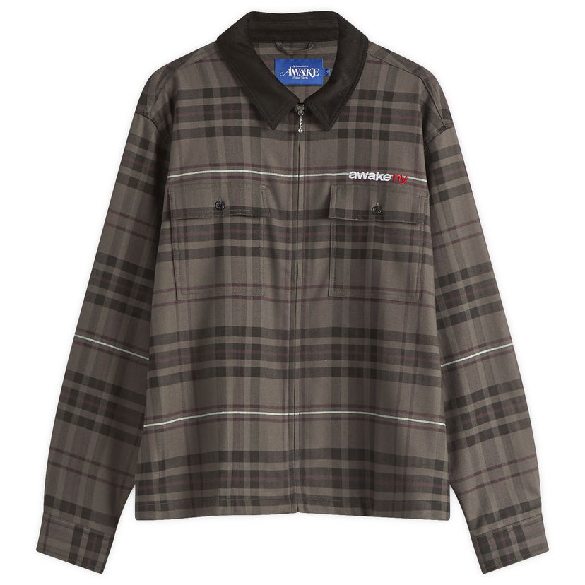 Skjorta Awake NY Awake NY Plaid Flannel Zip Overshirt, Size Large Brun | AWK-SP25-TP003-BRN
