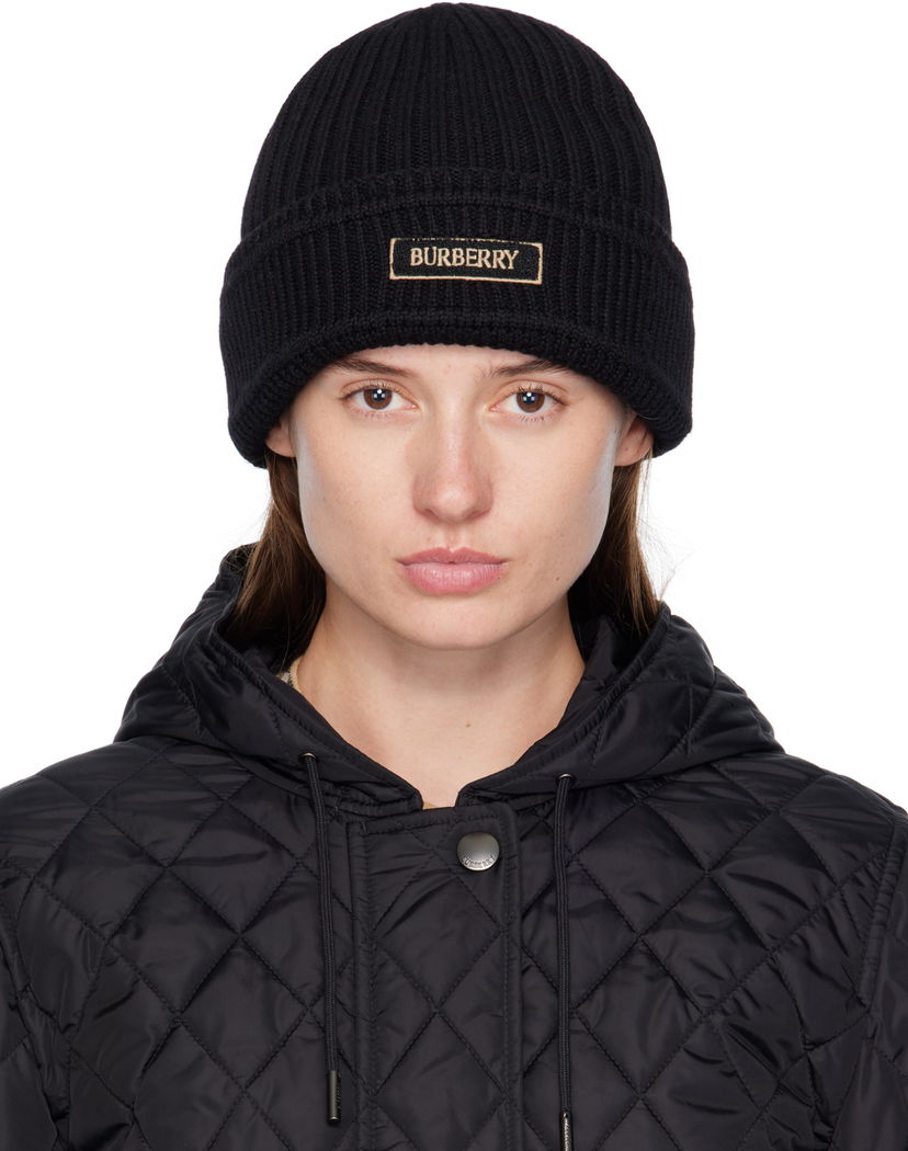 Mössa Burberry Wool Beanie with Logo Patch Svart | 8103340