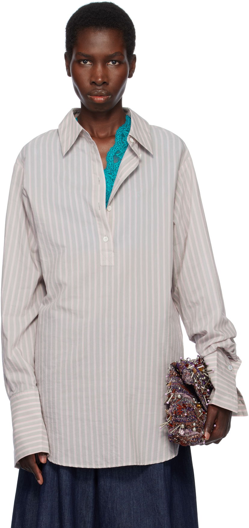 Skjorta Dries Van Noten Dries Van Noten Striped Popover Shirt Grå | 251-010734-1524