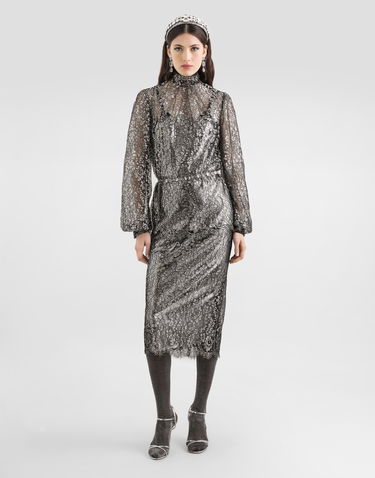 Skjorta Dolce & Gabbana High-neck Long-sleeve Lamé Lace Top with Scalloped Hem, Collection Metallisk | F7BD7TILMCFS0998, 1