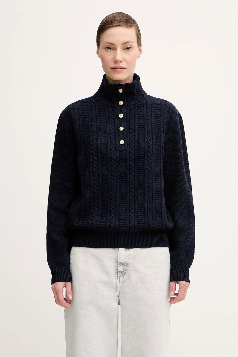 Sweater A.P.C. Thea Cable-Knit Mock Neck Button-Front Sweater Mörkblå | WVBCZ.F23426