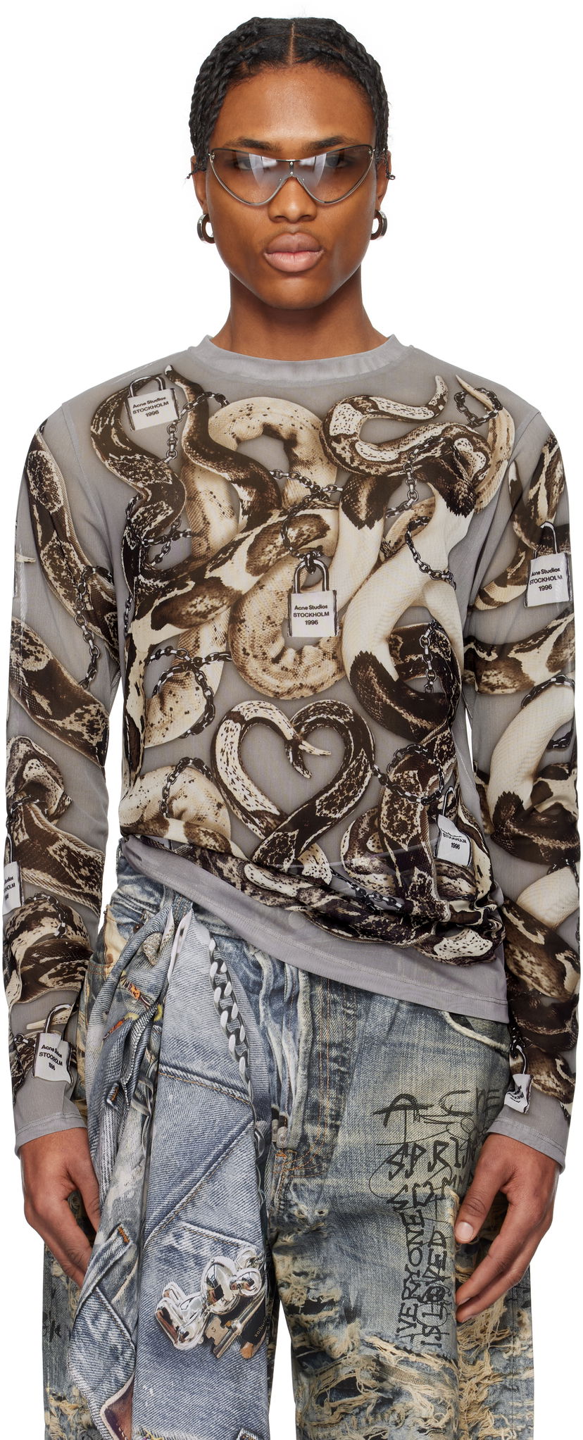 T-shirt Acne Studios Acne Studios Printed Mesh Long Sleeve T-Shirt Grå | BL0406-