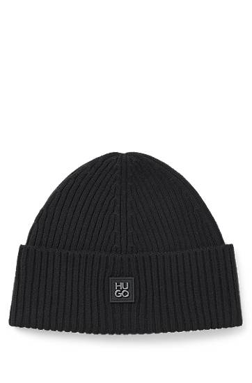 Mössa BOSS HUGO Virgin-Wool Beanie Hat with Stacked Logo Svart | 50527250
