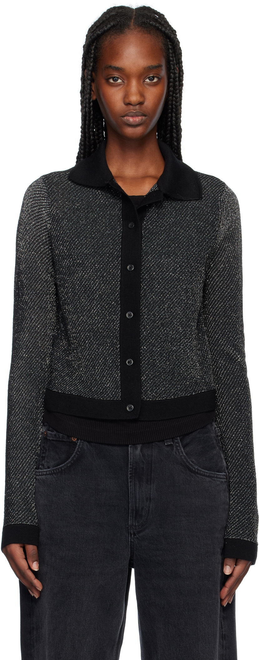 Sweater RE/DONE Lurex Polo Cardigan Svart | 794-10WLXPCAR